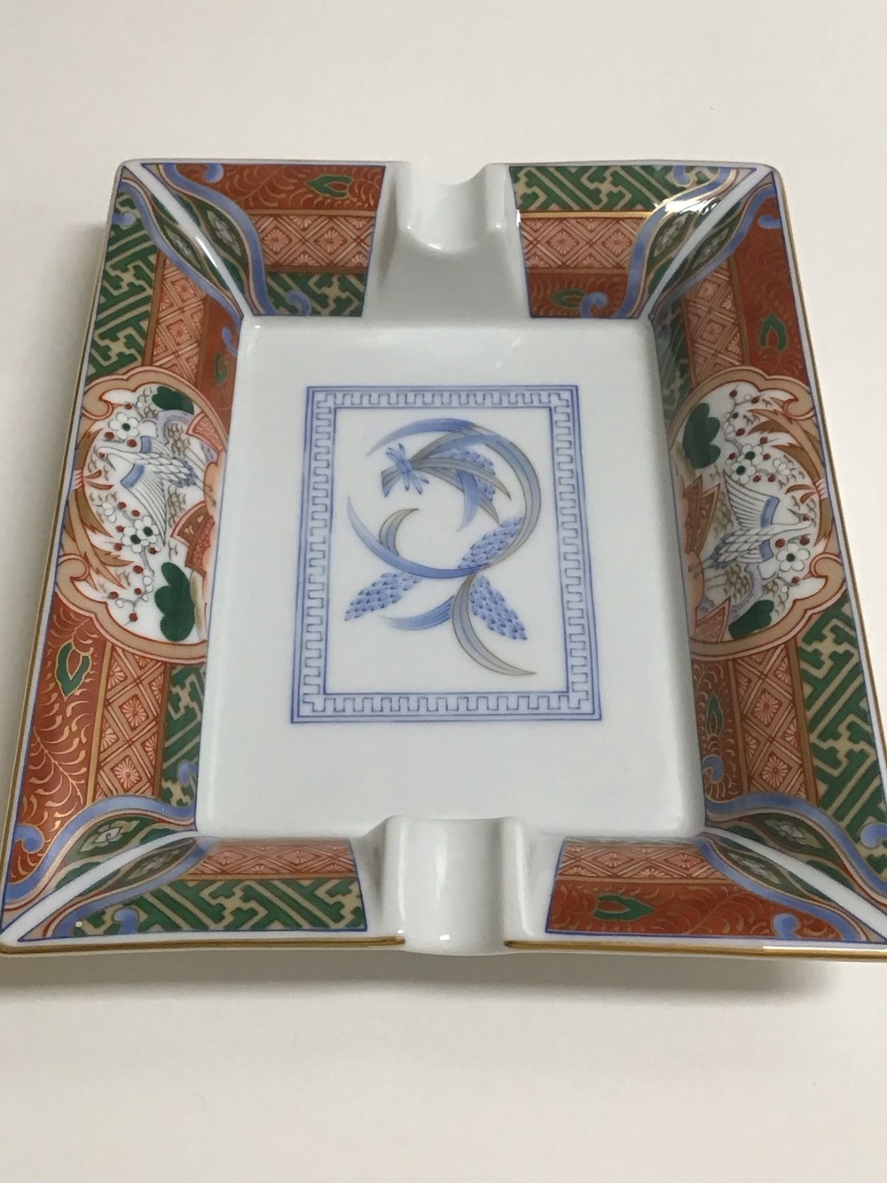 Vintage Imari ? Ashtray Cigar Asian Porcelain 7.5” Rectangle Cranes Floral Gold